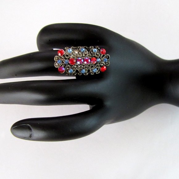 Red & blue rhinestone cocktail ring size 8 - 9 NEW - Picture 5 of 12